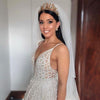 bride wearing a silver wedding crown